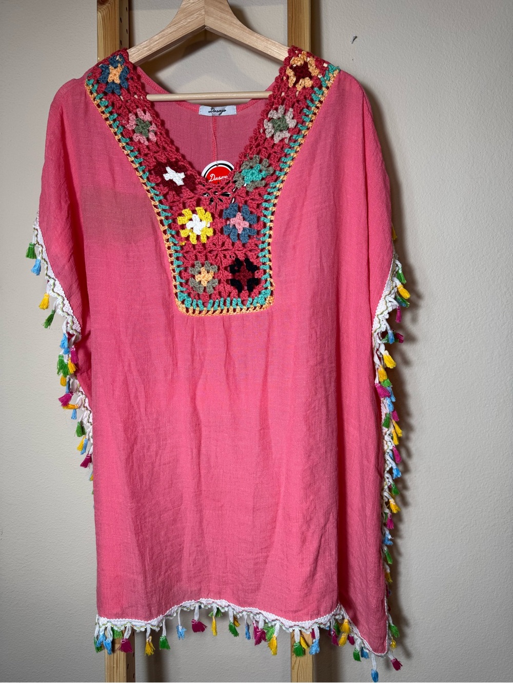 Dasayo Pink Boho Crochet Granny Square Tassel Beach Cover Up Kaftan Dress OS